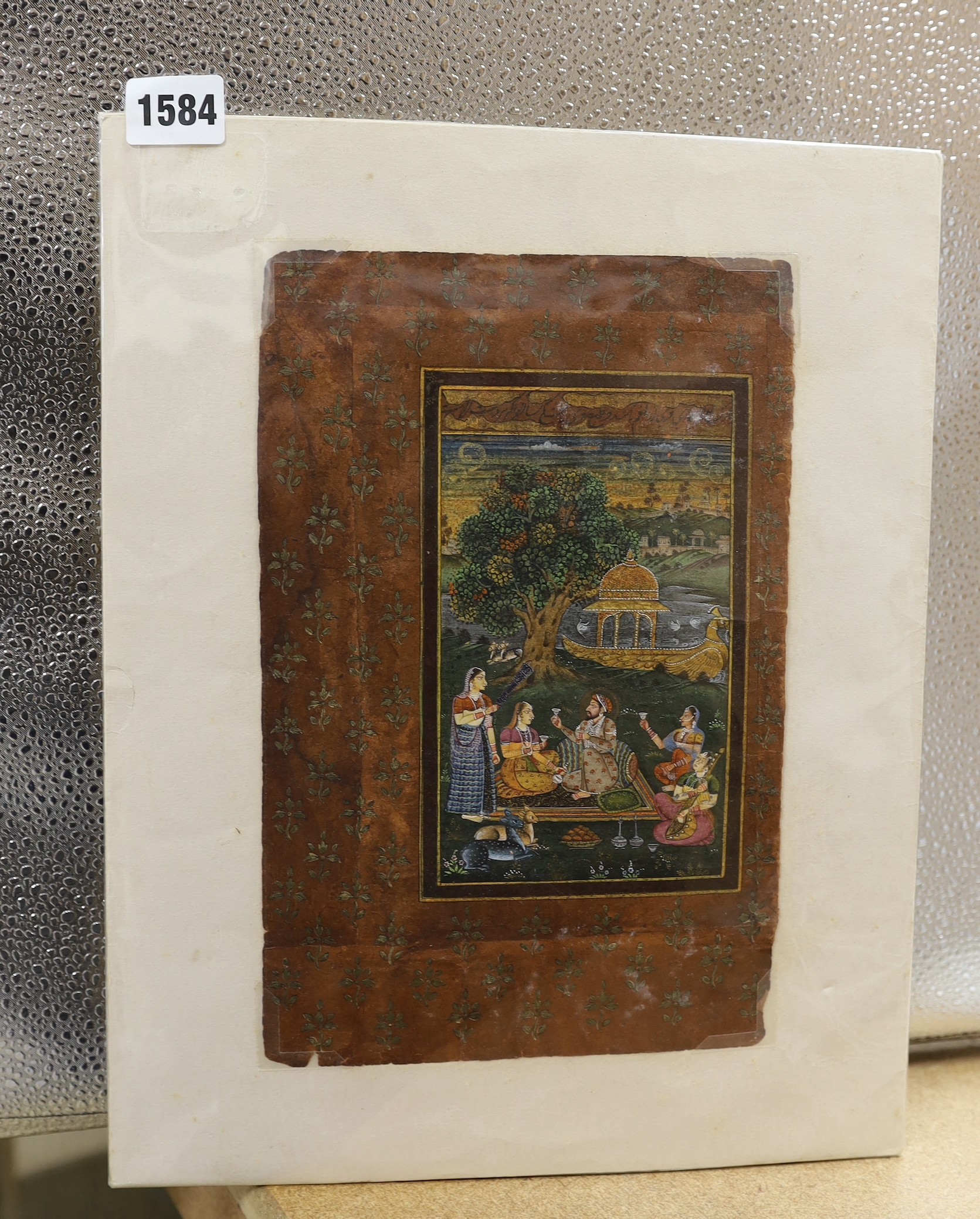 Indian School, gouache on paper, Figures in a garden, overall 27 x 18cm, unframed